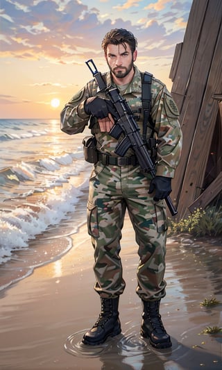 movie poster style, (1man), handsome, stubble, large pectorals, nipples, ARMY, camouflage uniform, rifle, rifle aiming stance, at the beach, sunset, winds, open shirt, wet, water splash, water droplets, oil painting style, Detailed face, detailed eyes, best quality, full body,