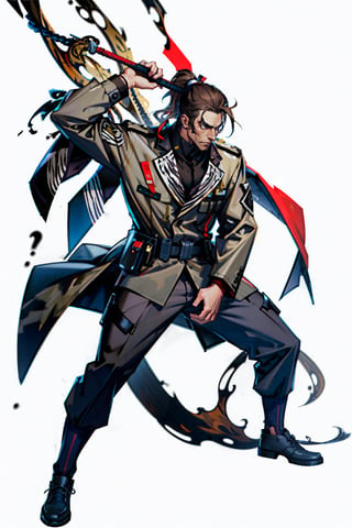 masterpiece, (best quality:1.5), [(white background:1.15)], (1man), brown hair, ponytail, (holding whip), wind, camouflage clothes, coat, ((black tiger)), entangled silk thread, fighting stance