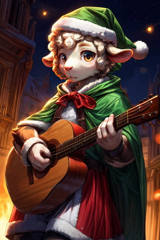 1boy, anthro, sheep, white fur, cute, Shorty, green cloak, santa dress, christmas hat, bard, instrument, perfect anatomy, (sonwy), detailed face, detailed finger, perfect light, best quality, high res, ultra hd, Furry,