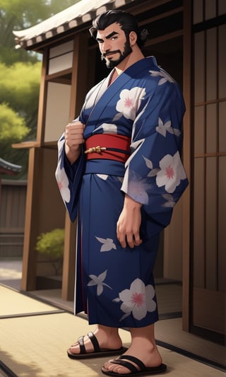 solo male, Japanese, black hair, black eyes, facial hair, thick eyebrows, scar on face, sideburns, (yukata), (kimono), japanese sandals, mature, handsome, charming, alluring, standing, full body, perfect anatomy, perfect proportions, best quality, masterpiece, high_resolution, dutch angle, cowboy shot, photo background, muscular, beefy, intricate details