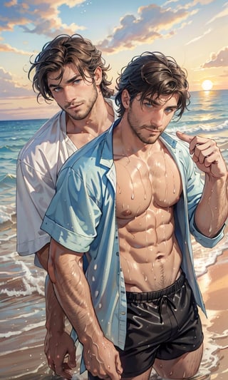 movie poster style, (2man), handsome, stubble, large pectorals, nipples, different hair, different skin, at the beach, sunset, winds, open shirt, shorts, wet, water splash, water droplets, oil painting feeling, Detailed face, detailed eyes, best quality, 