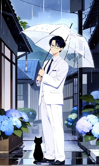 It is raining. A handsome man wearing glasses and white suit held a transparent umbrella and stood on the roadside in a residential area to protect the black kitten in his arms from the rain.
masterpiece, 8K, fresh style,Hydrangeas, man foucs,