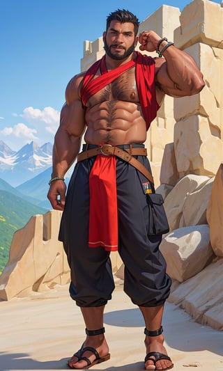 1 Asian man, solo, (beefy:1.7), black hair, beard, dark skin, (dark_skinned_male:1.7), pectoralis, half chest exposed, looking at viewer, large pec, mountain_setting, (monk suit), (headkerchief), pelvic_curtain, standing, obi, belt,  sandals, laced_sandals, bracers, 8K, best quality, detailed face,full_body,
