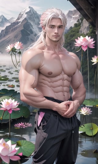 (photorealistic:1.2), (masterpiece, sidelights, exquisite gentle eyes), (character focus,face focus,close to viewer,portrait,masterpiece,)、anime colored, cute face, 3D face, (white hair, long-hair:1.2),(1 boy), stand, (blue eyes), 
handsome, (asian face), (gentle smile:1.5), Gentle face, (gradient background),  
neat and clean, adorable, shiny hair, shiny skin, niji, sketch, manga, (Alpine lotus leaf flower background:1.2), fog sky, lake,
(white & pink lotus flower:1.4), idle animation, put hands on waist, (Long shot:1.6), (massive chest), nipples, erect nipples, detailed nipples, show chest, pink pants, muscular,best quality