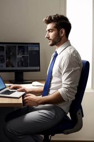 masterpiece, best quality, perfect light, sufficient light, detailed face, 1man, young, handsome, white shirt, tie, stubble, big pec, pantsless,(underwear), sitting from at computer desk, Online Meetings, video conference, side view, (full body photo),