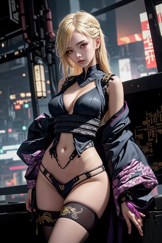 (legs opened, blonde long hair) masterpiece, best quality, high resolution,  female_solo , (1 sexy revealing kunoichi with perfect slender body proportion), (highly detailed beautifully colored warrior onepiece costume) , (detailed kimono obi with tassels and patterns) , (black stockings) , (pink and purple lightings in the dark night) , (full length body+Dutch angle shot), (sexy pose),  (highly detailed background of ancient Japanese achitechture + cyberpunk buildings) ,Cyberpunk,A Traditional Japanese Art,Sexy Pose,perfect fingers, cyberpunk style