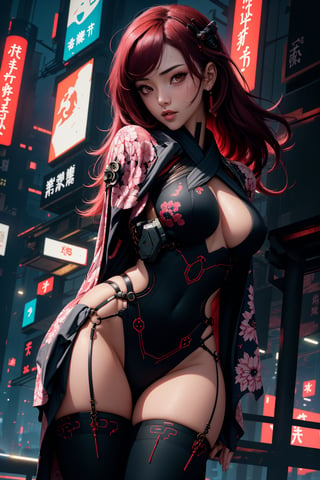 (legs opened, red long hair) masterpiece, best quality, high resolution,  female_solo , (1 sexy revealing kunoichi with perfect slender body proportion), (highly detailed beautifully colored warrior onepiece costume) , (detailed kimono obi with tassels and patterns) , (black stockings) , (pink and purple lightings in the dark night) , (full length body+Dutch angle shot), (sexy pose),  (highly detailed background of ancient Japanese achitechture + cyberpunk buildings) ,Cyberpunk,A Traditional Japanese Art,Sexy Pose,perfect fingers, cyberpunk style