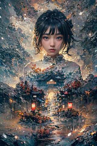 (1 beautiful Japanese girl standing in the middle:1.0), (autumn, snowing), (water color style, double exposure, grey scale, long exposure) dim light, muted color,Impressionism, Dutch angle, (ultra detailed background of a ancient Japanese buildings on Pluto), harmonious composition, epic art work, extremely long shot, view, landscape, double exposure ,