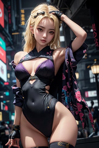 (legs opened, blonde long hair) masterpiece, best quality, high resolution,  female_solo , (1 sexy revealing kunoichi with perfect slender body proportion), (highly detailed beautifully colored warrior onepiece costume) , (detailed kimono obi with tassels and patterns) , (black stockings) , (pink and purple lightings in the dark night) , (full length body+Dutch angle shot), (sexy pose),  (highly detailed background of ancient Japanese achitechture + cyberpunk buildings) ,Cyberpunk,A Traditional Japanese Art,Sexy Pose,perfect fingers, cyberpunk style