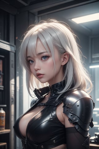 (masterpiece), a super beautiful Japanese 18-year-old kunoichi with medium wavy white hair, ninja open clothes, sleeveless , sexy and attractive, black armors, surrealism, chiaroscuro, colorful movie lights , Lens Flare, From Outside, Ultra HD,cyberpunk , Textured Skin, High Detail, High Resolution, cbpkv5,YAMATO