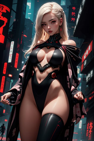 (legs opened, white long hair) masterpiece, best quality, high resolution,  female_solo , (1 sexy revealing kunoichi with perfect slender body proportion), (highly detailed beautifully colored warrior onepiece costume) , (detailed kimono obi with tassels and patterns) , (black stockings) , (pink and purple lightings in the dark night) , (full length body+Dutch angle shot), (sexy pose),  (highly detailed background of ancient Japanese achitechture + cyberpunk buildings) ,Cyberpunk,A Traditional Japanese Art,Sexy Pose,perfect fingers, cyberpunk style