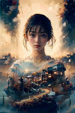 (1 beautiful Japanese girl Satomi standing in the middle:1.0), (autumn, snowing), (water color style, double exposure, grey scale, long exposure) dim light, muted color,Impressionism, Dutch angle, (ultra detailed background of a ancient Japanese buildings on Pluto), harmonious composition, epic art work, extremely long shot, view, landscape, double exposure ,Satomi