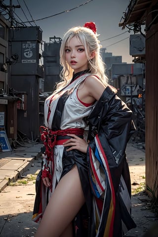 (( attractive pose , traditional kunoichi kimono ,picturing her elegance and coldness)), (masterpiece), a super beautiful Japanese 15 years old kunoichi with medium wavy white hair, sleeveless beautifully decorated shinobi costume , sexy and attractive, surrealism, chiaroscuro, colorful movie lights , in a fallen cyberpunk city, Lens Flare, From Outside, Ultra HD,cyberpunk , Textured Skin, High Detail, High Resolution