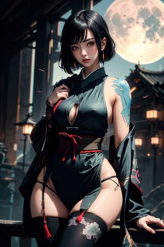 masterpiece, best quality, high resolution,  female_solo , (1 sexy revealing kunoichi with perfect slender body proportion), (highly detailed traditional beautifully colored warrior onepiece costume textured) , (detailed kimono obi with tassels and patterns) , (black stockings) , (1 big moon in the dark night) , (full length body+Dutch angle shot), (sexy pose),  (highly detailed background of ancient Japanese achitechture + cyberpunk buildings with neon lights) ,Cyberpunk,A Traditional Japanese Art,Sexy Pose,perfect,hand, cyberpunk style