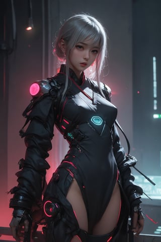 Sexy Pose , (masterpiece),(solo), 1 Japanese beauty, white hair ,  (high sexual attraction,long hair), in the dark night, (sexy Chinese Hanfu+body implants) ,(highly detailed background of ancient Indian achitechture with neon lights) ,Cyberpunk,Enhance,  Chinese fantasy art