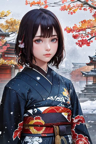 (Hashimoto Kanna as 1 Japanese Ninja1.2) (autumn, snowing), (water color style, double exposure) ,(sexy ninja outfit), dim light, muted color,Impressionism, (ultra detailed background of a ancient Japanese buildings), harmonious composition, epic art work, Hashimoto Kanna