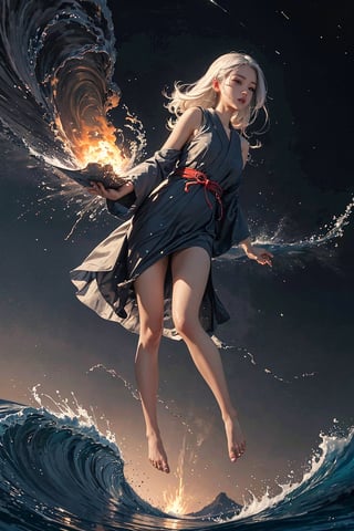 masterpiece, best quality , (muted color, dim color , soothing tone , cool color)  , full-body ,  (anti-gravity , levitating , flying:1.2)  , (1 sexy Japanese young goddess with white hair) , (wearing highly detailed traditional sleeveless kimono) , looking at viewers, (in the dark night) (ultra detailed background composed by ships , ocean, waves), (perfect anatomy), surreal , (giant nuclear explosion on the ocean), enhance all ,fantasy, art, High detailed,