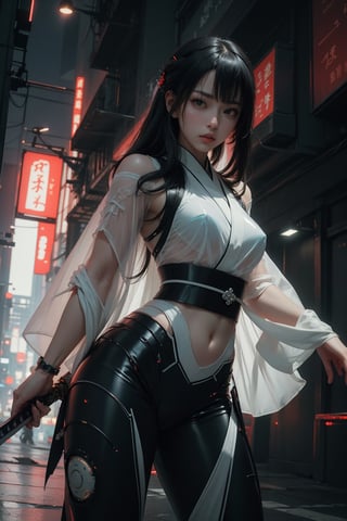 ((dynamic pose)), masterpiece, 1 kunoichi, muted color+soothing tones, ((white long hair)), (black transparent plastic warrior kimono+body implants,holding a sword) ,(at night),Cyberpunk,A Traditional Japanese Art,Enhance