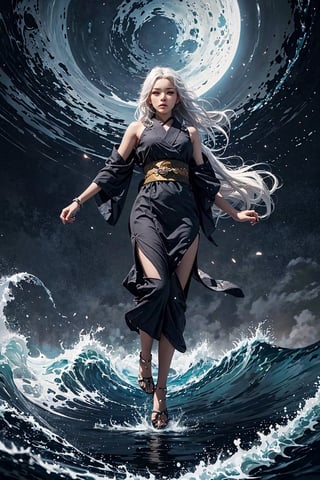 masterpiece , (muted color, dim color , soothing tone)  , full-body ,  (anti-gravity, no gravity , levitating , flying:1.1)  , (1 sexy Japanese mighty goddess of thunder with white hair) , (highly detailed traditional sleeveless kimono) , looking at viewers, in the dark night, (ultra detailed background of ships , ocean, waves), surreal , (giant nuclear explosion on the ocean), enhance all ,fantasy, art, High detailed,