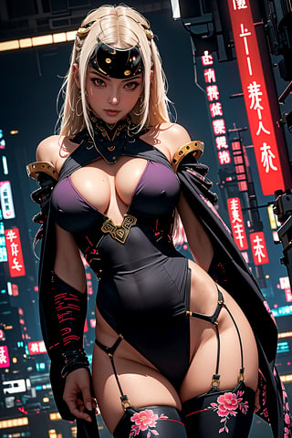 (legs opened, white long hair) masterpiece, best quality, high resolution,  female_solo , (1 sexy revealing kunoichi with perfect slender body proportion), (highly detailed beautifully colored warrior onepiece costume) , (detailed kimono obi with tassels and patterns) , (black stockings) , (pink and purple lightings in the dark night) , (full length body+Dutch angle shot), (sexy pose),  (highly detailed background of ancient Japanese achitechture + cyberpunk buildings) ,Cyberpunk,A Traditional Japanese Art,Sexy Pose,perfect fingers, cyberpunk style