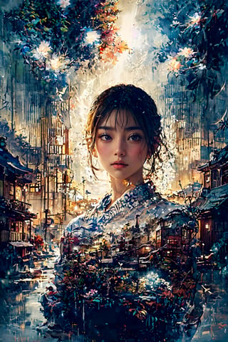 (1 beautiful Japanese girl Satomi standing in the middle:1.0), (autumn, snowing), (water color style, double exposure, grey scale, long exposure) dim light, muted color,Impressionism, Dutch angle, (ultra detailed background of a ancient Japanese buildings on Pluto), harmonious composition, epic art work, extremely long shot, view, landscape, double exposure ,Satomi