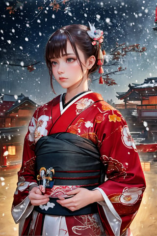 (Hashimoto Kanna as 1 Japanese Ninja:1.2) (autumn, snowing), (water color style, double exposure) ,(revealing ninja outfit), dim light, muted color,Impressionism, (ultra detailed background of a ancient Japanese buildings), harmonious composition, epic art work, Hashimoto Kanna