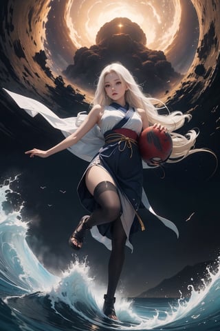 masterpiece, best quality , (muted color, dim color , soothing tone , cool color)  , full-body ,  (anti-gravity , levitating , flying:1.1)  , (1 sexy Japanese young goddess with white hair) , (wearing highly detailed traditional sleeveless kimono) , looking at viewers, in the dark night, (ultra detailed background of ships , ocean, waves), surreal , (giant nuclear explosion on the ocean), enhance all ,fantasy, art, High detailed,