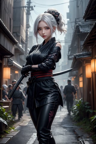 (( attractive pose , traditional kunoichi kimono ,picturing her elegance and coldness)), (masterpiece), a super beautiful Japanese 15 years old kunoichi with medium wavy white hair, sleeveless beautifully decorated shinobi costume , sexy and attractive, surrealism, chiaroscuro, colorful movie lights , in a fallen cyberpunk city, Lens Flare, From Outside, Ultra HD,cyberpunk , Textured Skin, High Detail, High Resolution