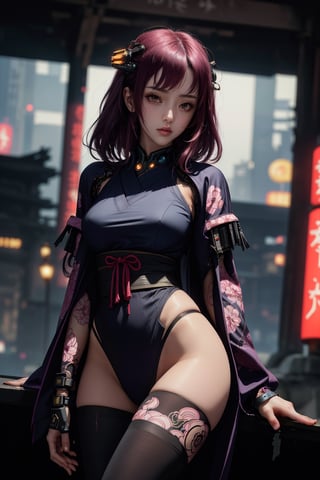 (legs opened, red long hair) masterpiece, best quality, high resolution,  female_solo , (1 sexy revealing kunoichi with perfect slender body proportion), (highly detailed beautifully colored warrior onepiece costume) , (detailed kimono obi with tassels and patterns) , (black stockings) , (pink and purple lightings in the dark night) , (full length body+Dutch angle shot), (sexy pose),  (highly detailed background of ancient Japanese achitechture + cyberpunk buildings) ,Cyberpunk,A Traditional Japanese Art,Sexy Pose,perfect fingers, cyberpunk style