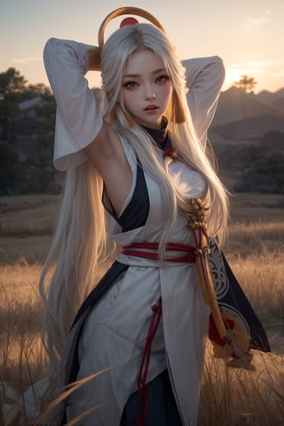 (( attractive pose , traditional kunoichi kimono ,picturing her elegance and coldness)), (masterpiece), a super beautiful Japanese 15 years old kunoichi with medium wavy white hair, sleeveless beautifully decorated shinobi costume , sexy and attractive, surrealism, chiaroscuro, colorful movie lights , in a fantastic grass field at dusk, Lens Flare, From Outside, Ultra HD, cyberpunk  , Textured Skin, High Detail, High Resolution, miketsu