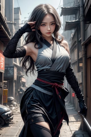 (( attractive pose , traditional kunoichi kimono ,picturing her elegance and coldness)), (masterpiece), a super beautiful Japanese 15 years old kunoichi with medium wavy white hair, sleeveless beautifully decorated shinobi costume , sexy and attractive, surrealism, chiaroscuro, colorful movie lights , in a fallen cyberpunk city, Lens Flare, From Outside, Ultra HD,cyberpunk , Textured Skin, High Detail, High Resolution