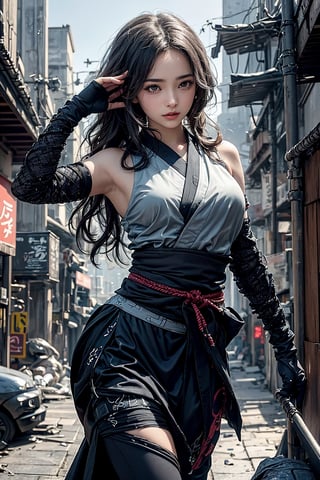 (( attractive pose , traditional kunoichi kimono ,picturing her elegance and coldness)), (masterpiece), a super beautiful Japanese 15 years old kunoichi with medium wavy white hair, sleeveless beautifully decorated shinobi costume , sexy and attractive, surrealism, chiaroscuro, colorful movie lights , in a fallen cyberpunk city, Lens Flare, From Outside, Ultra HD,cyberpunk , Textured Skin, High Detail, High Resolution