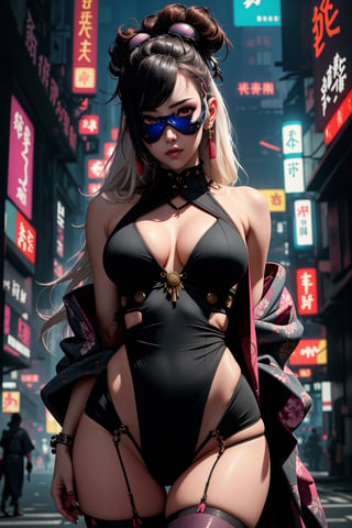 (legs opened, white long hair) masterpiece, best quality, high resolution,  female_solo , (1 sexy revealing kunoichi with perfect slender body proportion), (highly detailed beautifully colored warrior onepiece costume) , (detailed kimono obi with tassels and patterns) , (black stockings) , (pink and purple lightings in the dark night) , (full length body+Dutch angle shot), (sexy pose),  (highly detailed background of ancient Japanese achitechture + cyberpunk buildings) ,Cyberpunk,A Traditional Japanese Art,Sexy Pose,perfect fingers, cyberpunk style