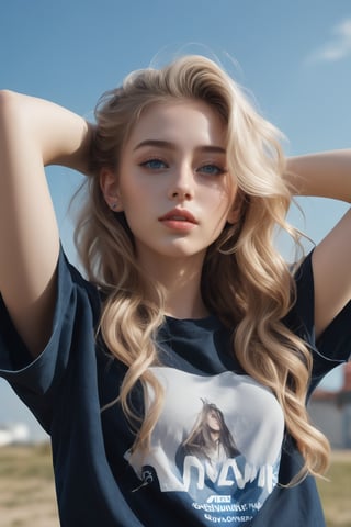 ((Generate hyper realistic image of  captivating scene featuring a stunning 20 years old girl,)) with medium long blonde hair, flowing curls, semi side view, standing with arms raised over his head, donning a jeans shorts and a trendy slogan black tee with sleeves rolled up, piercing, blue eyes, photography style, Extremely Realistic,