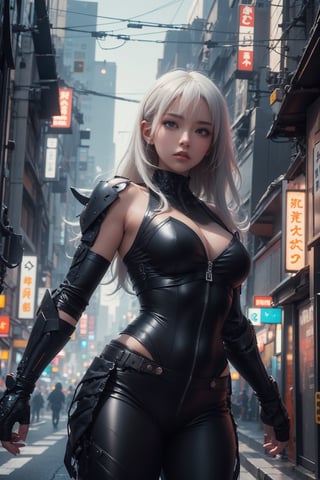 (masterpiece), a super beautiful Japanese 18-year-old kunoichi with medium wavy white hair, ninja open clothes, sleeveless , sexy and attractive, dynamic pose, black armors, surrealism, chiaroscuro, colorful movie lights , Lens Flare, From Outside, Ultra HD,cyberpunk , Textured Skin, High Detail, High Resolution, cbpkv5,YAMATO