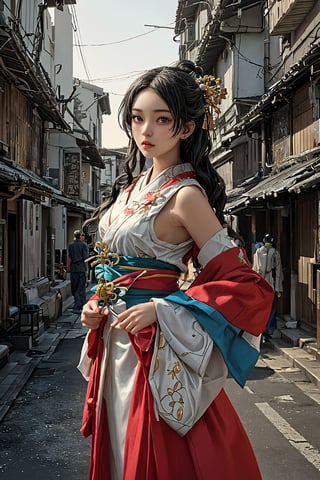 ((attractive pose , traditional kimono,picturing her elegance and coldness)), (masterpiece), a super beautiful 15 years old Japanese girl with medium wavy hair, sleeveless beautifully revealing decorated onmyoji costume,golden hair ornaments , sexy and attractive, surrealism, chiaroscuro, colorful movie lights , in an ancient city under a colorful dusk, Lens Flare, From Outside, Ultra HD, cyberpunk  , Textured Skin, High Detail, High Resolution, babai