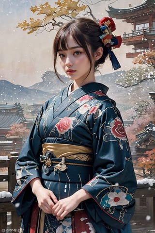 (Hashimoto Kanna as 1 Japanese Kunoichi:1.2) (autumn, snowing), (water color style) ,(revealing warrior costume:1.2), dim light, muted color,Impressionism, (ultra detailed background of a ancient Japanese buildings), harmonious composition, epic art work, Hashimoto Kanna