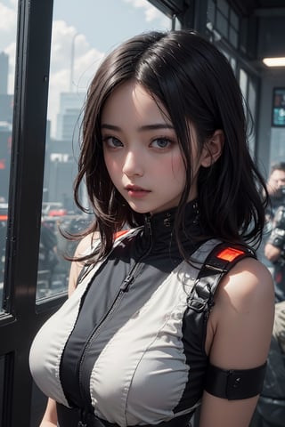 (masterpiece)In autumn, a super beautiful Japanese 18-year-old kunoichi with medium wavy hair, white, ninja open clothes, sleeveless , sexy and attractive, black armors, surrealism, chiaroscuro, colorful movie lights , Lens Flare, From Outside, Ultra HD,cyberpunk , Textured Skin, High Detail, High Resolution, cbpkv5,YAMATO