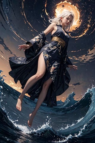 masterpiece , (muted color, dim color , soothing tone)  , full-body ,  (anti-gravity , levitating , flying:1.1)  , (1 sexy Japanese mighty goddess of thunder with white hair) , (highly detailed traditional sleeveless kimono) , looking at viewers, in the dark night, (ultra detailed background of ships , ocean, waves), surreal , (giant nuclear explosion on the ocean), enhance all ,fantasy, art, High detailed,