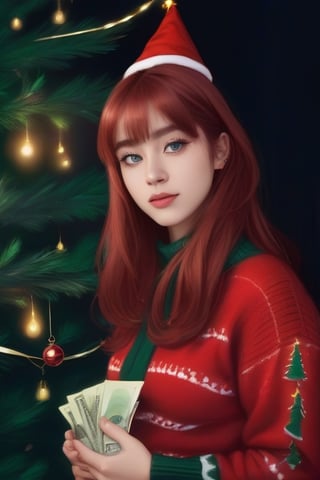 (masterpiece, top quality, best quality, official art, beautiful and aesthetic:1.2), (1girl:1.3), heterochromia, photorealistic, image elements do not change, same configuration (Christmas tree, a girl, red hair, side face, look) (showing the audience, bright Christmas patterned sweaters), the background was changed to dollar bills flying in the air, and the gifts were changed to stacks of dollar bills.