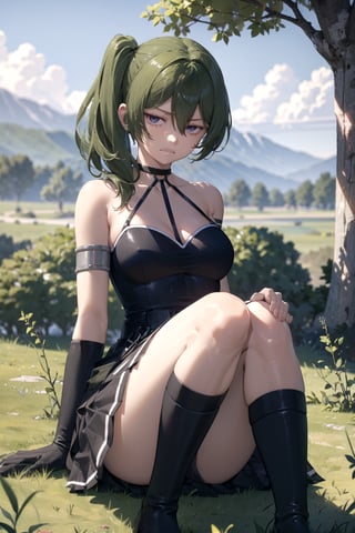 outdoor
//Quality,
masterpiece, best quality
,//Character,
1girl, solo
,//Fashion,
ubel,long hair,side ponytail,hair between eyes,bangs,black choker,bare shoulders,cleavage,halterneck,black dress,sleeveless,arm strap,single glove,belt,black skirt,buckle,black belt,thigh strap,knee boots,black footwear,masterpiece, best quality, field,Very reluctant expression,despise,angry,