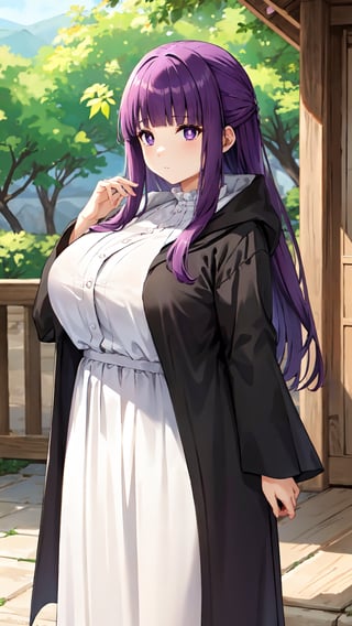 <Fern>
(1girl, solo, purple hair, long hair, purple eyes, blunt bangs, sidelocks, bright pupils),

<Clothes>
(frilled collar, black robe, black coat, white dress, center frills, buttons, wide sleeves, long sleeves, curvy, cowboy shot), 

<Scenery>
(outdoor),

<Pose>
(average breasts, looking at viewer),fern,aafern