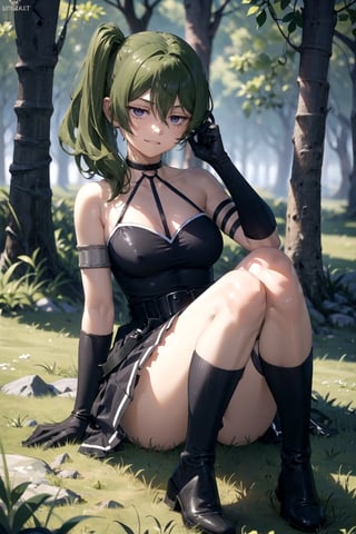 outdoor
//Quality,
masterpiece, best quality
,//Character,
1girl, solo
,//Fashion,
ubel,long hair,side ponytail,hair between eyes,bangs,black choker,bare shoulders,cleavage,halterneck,black dress,sleeveless,arm strap,single glove,belt,black skirt,buckle,black belt,thigh strap,knee boots,black footwear,masterpiece, best quality, field,Very reluctant expression,despise,angry,