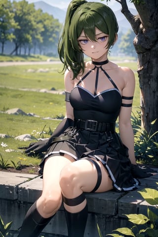 outdoor
//Quality,
masterpiece, best quality
,//Character,
1girl, solo
,//Fashion,
ubel,long hair,side ponytail,hair between eyes,bangs,black choker,bare shoulders,cleavage,halterneck,black dress,sleeveless,arm strap,single glove,belt,black skirt,buckle,black belt,thigh strap,knee boots,black footwear,masterpiece, best quality, field,Very reluctant expression,despise,angry,