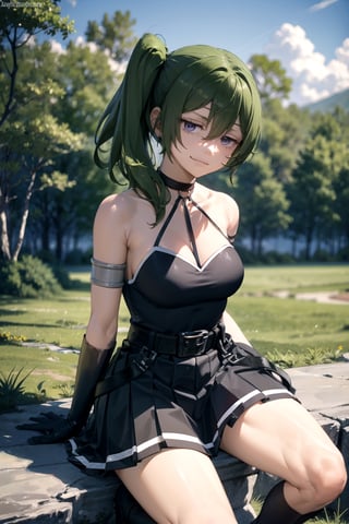 outdoor
//Quality,
masterpiece, best quality
,//Character,
1girl, solo
,//Fashion,
ubel,long hair,side ponytail,hair between eyes,bangs,black choker,bare shoulders,cleavage,halterneck,black dress,sleeveless,arm strap,single glove,belt,black skirt,buckle,black belt,thigh strap,knee boots,black footwear,masterpiece, best quality, field,Very reluctant expression,despise,angry,