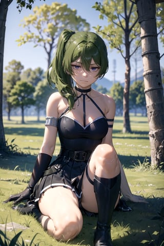 outdoor
//Quality,
masterpiece, best quality
,//Character,
1girl, solo
,//Fashion,
ubel,long hair,side ponytail,hair between eyes,bangs,black choker,bare shoulders,cleavage,halterneck,black dress,sleeveless,arm strap,single glove,belt,black skirt,buckle,black belt,thigh strap,knee boots,black footwear,masterpiece, best quality, field,Very reluctant expression,despise,angry,