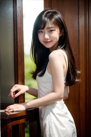 an asian cute girl,18 years old,happy, white dress,smile,bangs,Oil painting, Oil on canvas, Traditional painting, shallow lighting, Rim light, Separation light, Halo effect, Small aperture, Sharp from front to back,film grain analog photography,Lily Feng