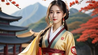 (Ultra realistic), best picture quality, (a beautiful skinny Chinese girl facing the audience  in traditional hanfu:1.35), masterpiece, vivid and detailed face, (upper body art :1.2), (clear and bright big eyes :1.1), dynamic pose, using the best artificial intelligence algorithm to generate pictures, Ultra HD, 32K, ultra realistic, dramatic, High detail, more detail,just rising half sun 
and mountain background,very soft sunshine,Hanbok,rebsonya