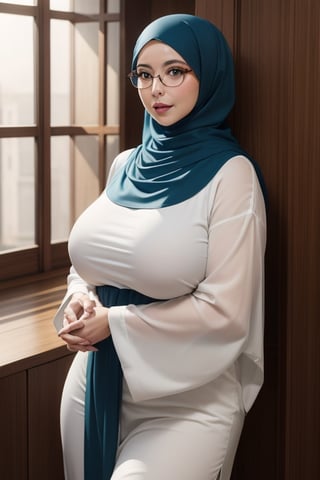 (masterpiece), 1woman, beautiful face, milf, ((wearing hijab, wear glasses, kaftan)), clear background, see at viewer, halfbody shot, realistic, high quality, high resolution, 4K, 1080P