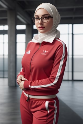 (masterpiece), 1woman, beautiful face, glasses ((hijab, tracksuit)), clear background, see at viewer, halfbody shot, realistic, high quality, high resolution, 4K, 1080P